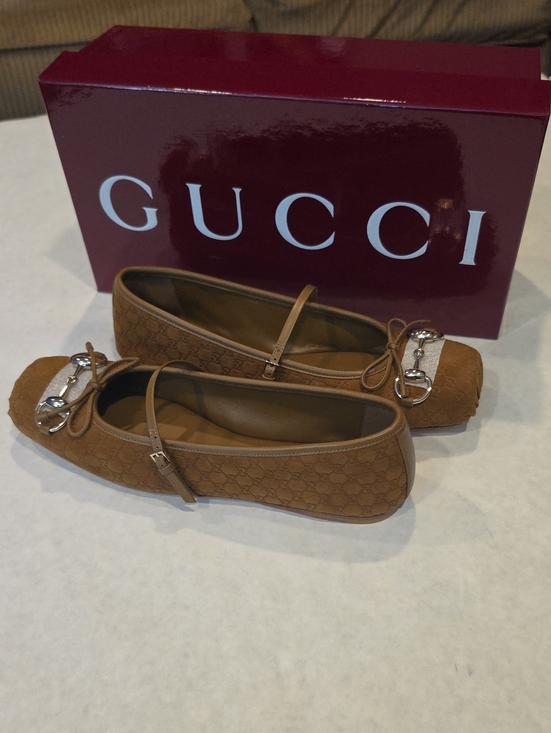 Gucci Shoes - Gucci Tan GG Suede Ballet Flats with Silver Horsebit